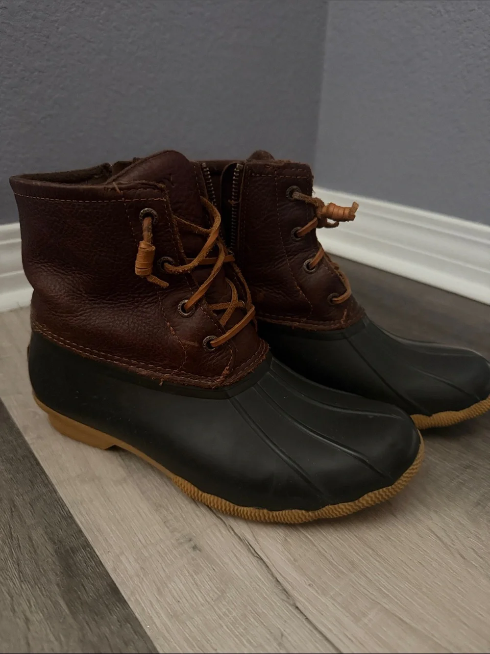 Sperry Brown Leather Duck Boots with Black Rubber Sole